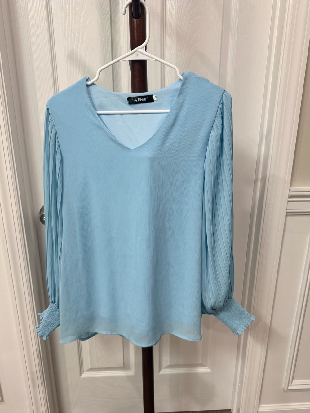 Light Blue Pleated Sleeve V-Neck Blouse